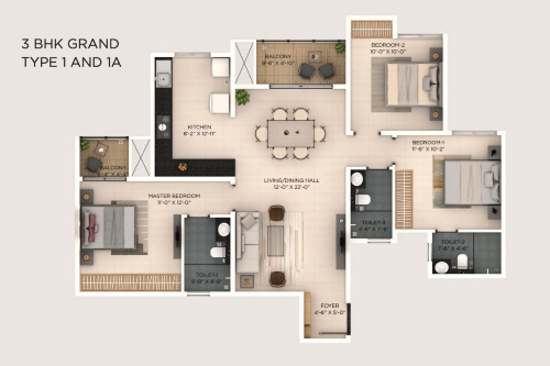 3 BHK Grand Floorplan